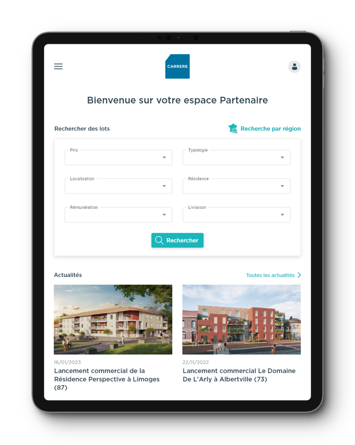 Page d'accueil de l'espace partenaires Carrere sur tablette