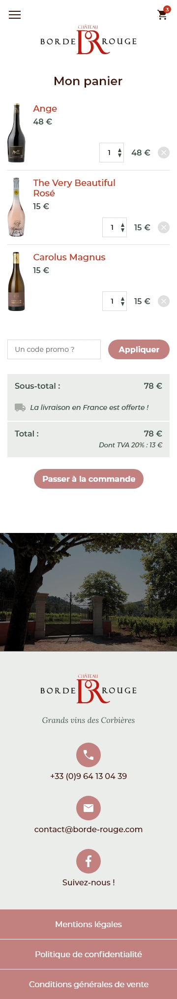 Page panier du site Borde Rouge vue sur mobile