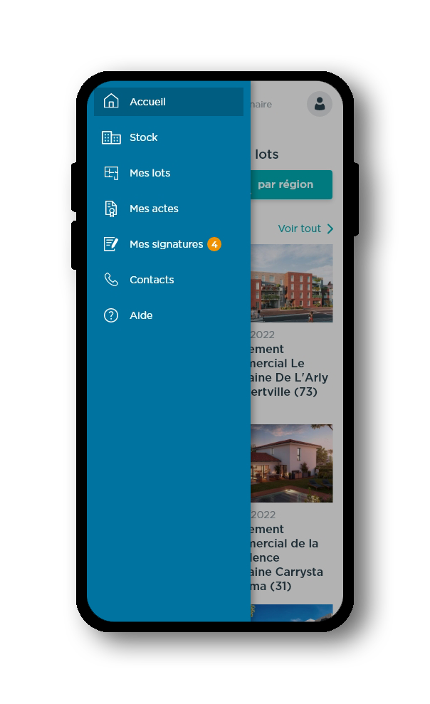Page d'accueil espace partenaire Carrere sur mobile avec menu