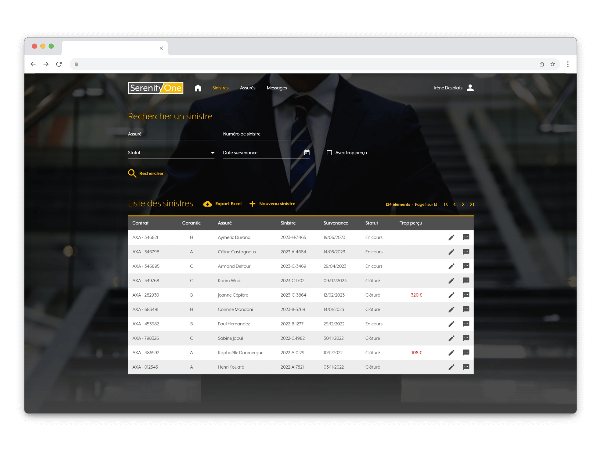 Page liste sinistres Espace client Serenity One